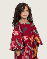 Printed Cotton Kids Dress with Relaxed Fit and Scalloped Edges - Burgundy