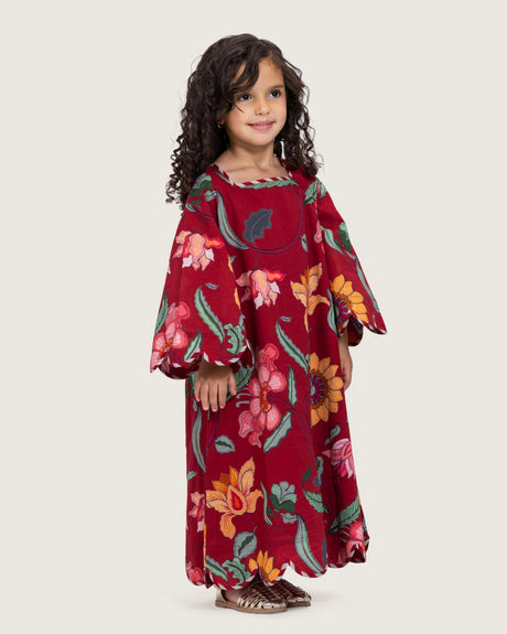 Printed Cotton Kids Dress with Relaxed Fit and Scalloped Edges - Burgundy