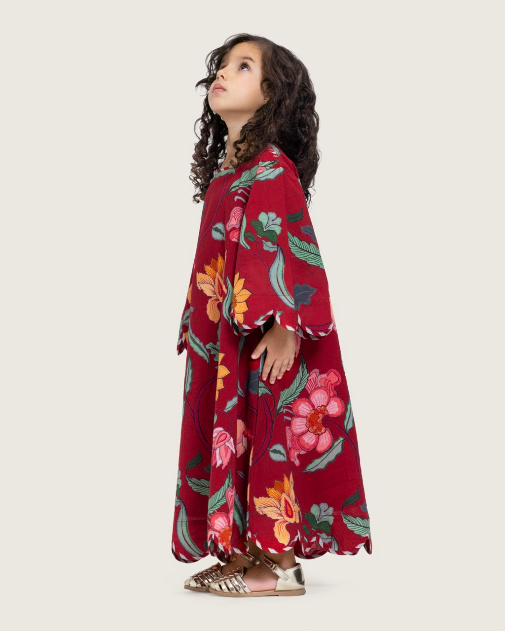 Printed Cotton Kids Dress with Relaxed Fit and Scalloped Edges - Burgundy