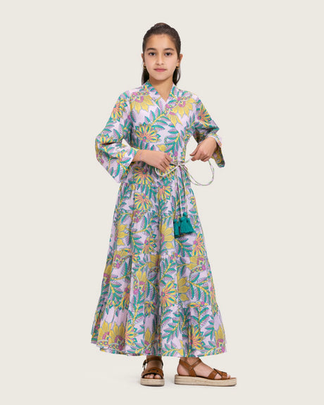 Girls Floral Cotton Wrap Dress with Soft Tiers - Teal