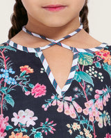 Girls Floral Cotton Dress with Tie Neck and Tassels