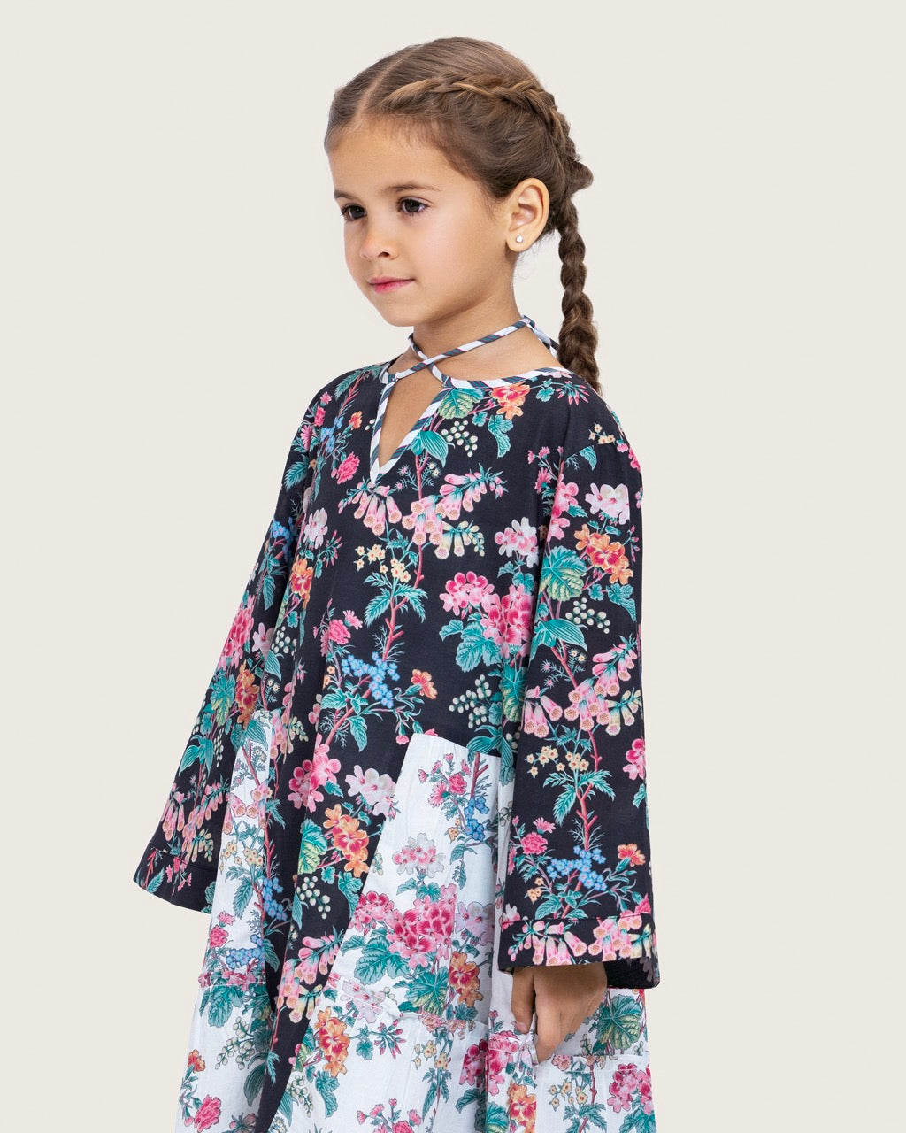 Girls Floral Cotton Dress with Tie Neck and Tassels