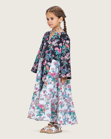 Girls Floral Cotton Dress with Tie Neck and Tassels