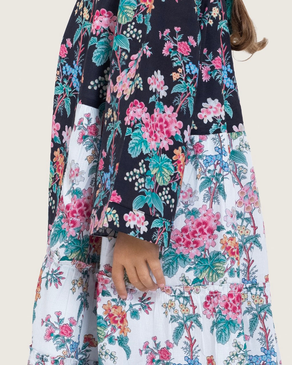 Girls Floral Cotton Dress with Tie Neck and Tassels