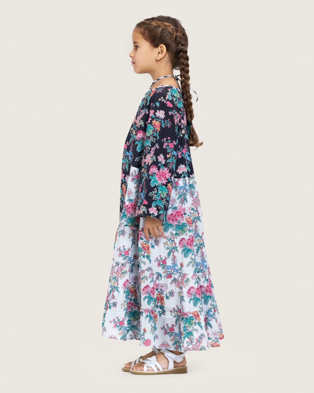 Girls Floral Cotton Dress with Tie Neck and Tassels