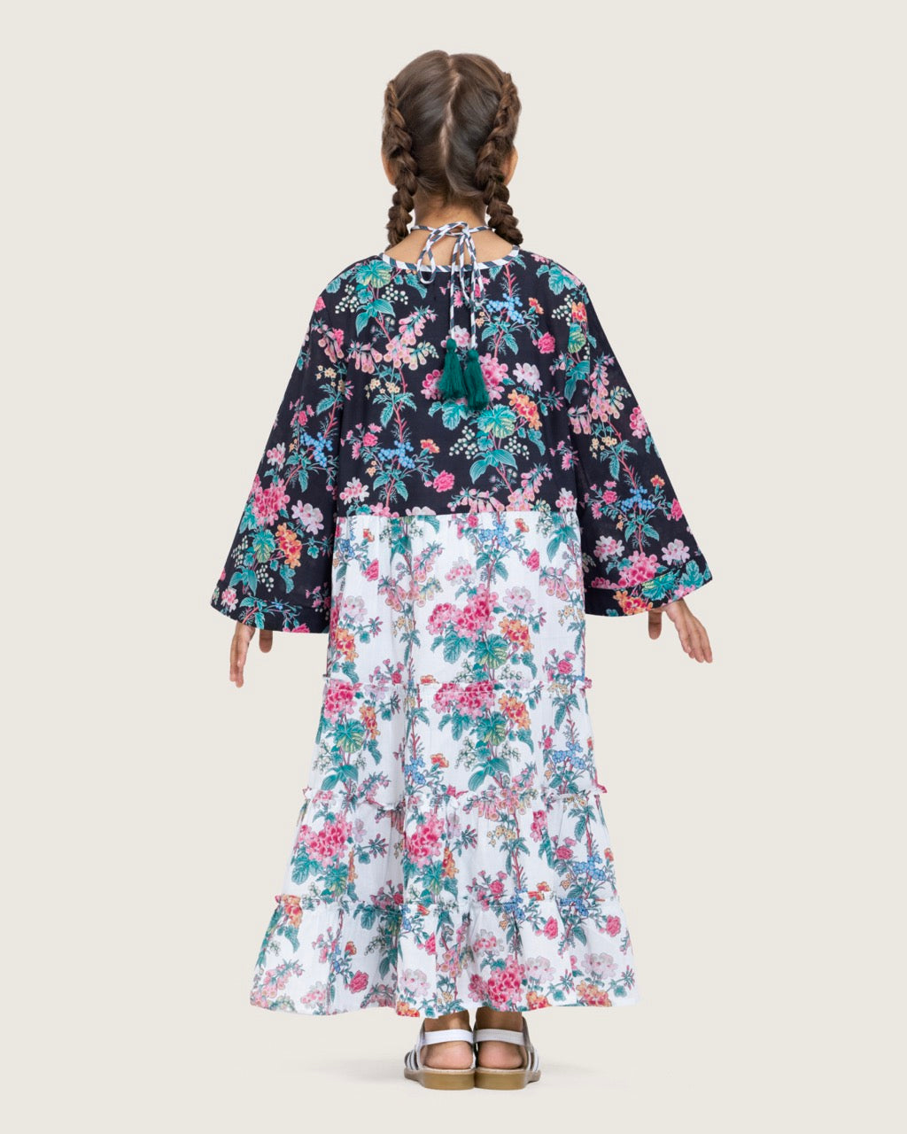 Girls Floral Cotton Dress with Tie Neck and Tassels