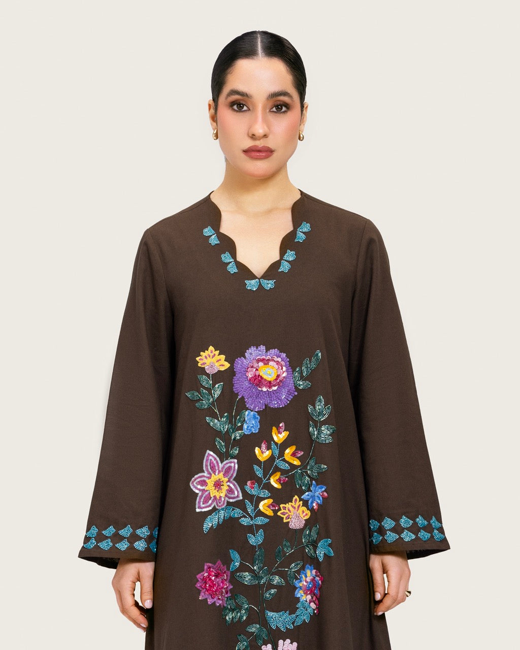 Brown Linen Kaftan with Hand Embellishments and Scalloped Edges