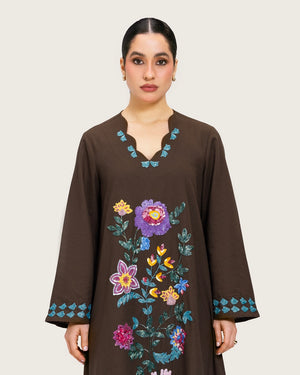 Brown Linen Kaftan with Hand Embellishments and Scalloped Edges