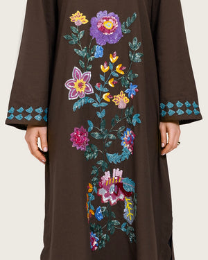 Brown Linen Kaftan with Hand Embellishments and Scalloped Edges