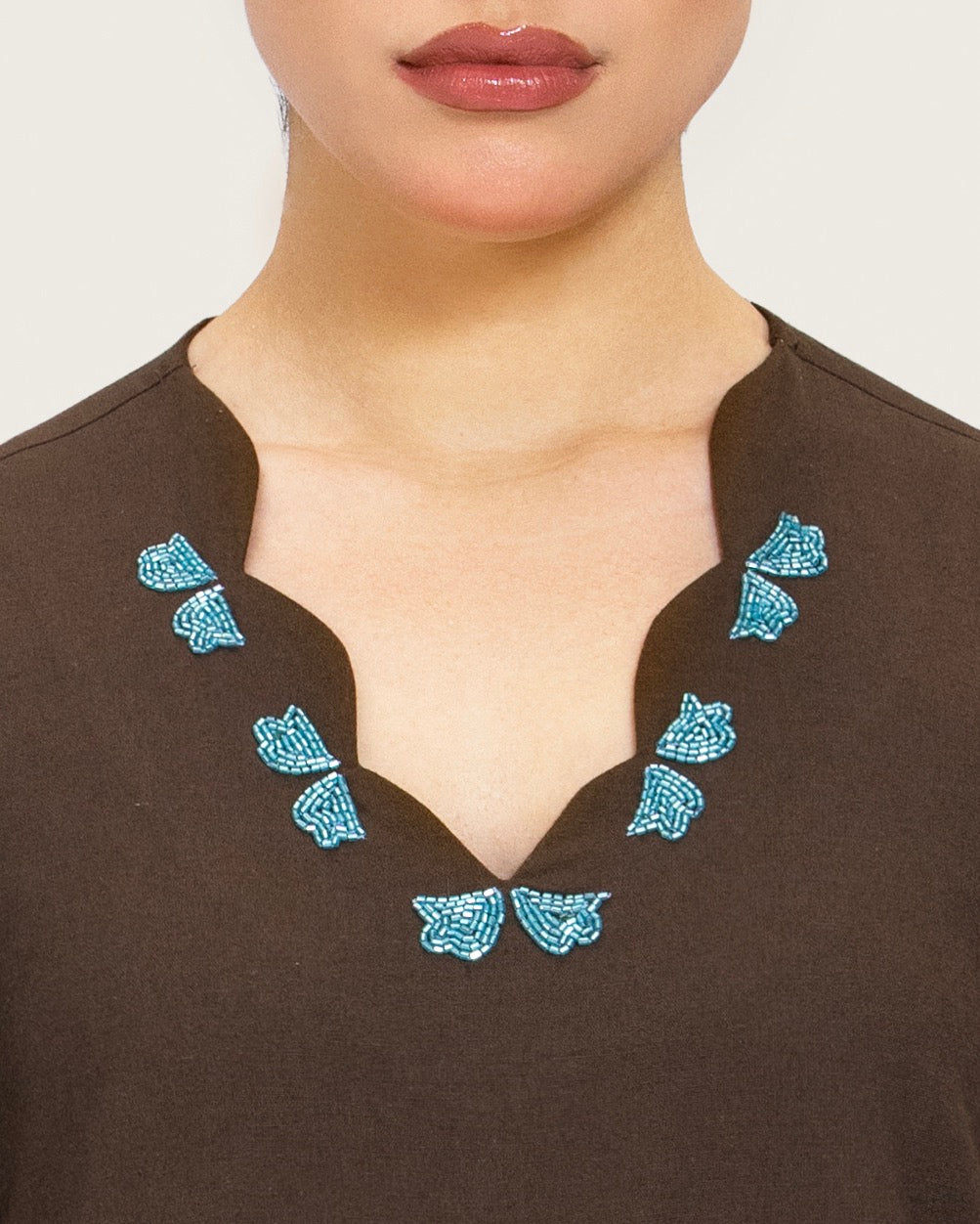 Brown Linen Kaftan with Hand Embellishments and Scalloped Edges