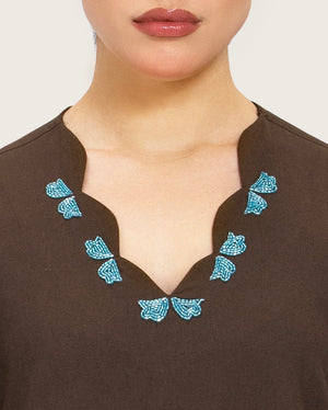 Brown Linen Kaftan with Hand Embellishments and Scalloped Edges