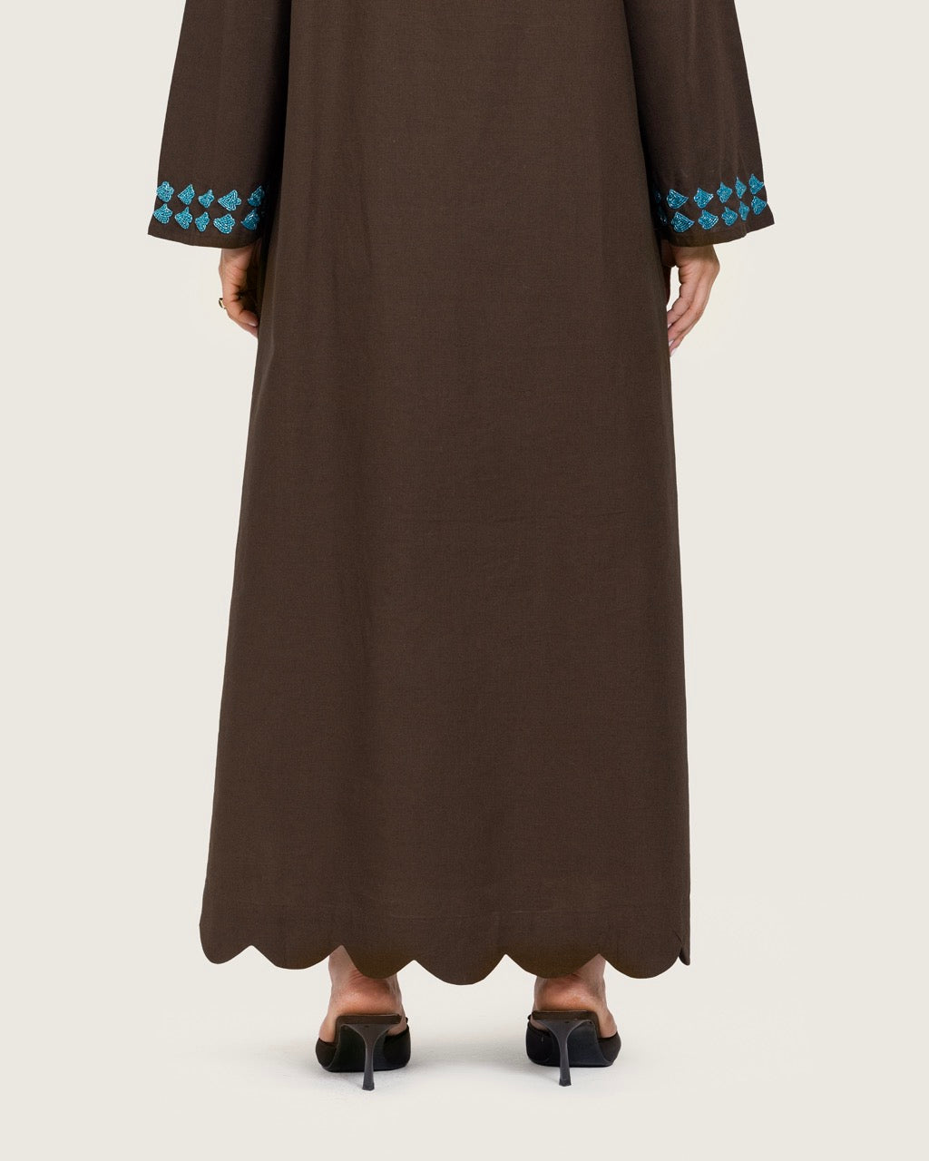 Brown Linen Kaftan with Hand Embellishments and Scalloped Edges
