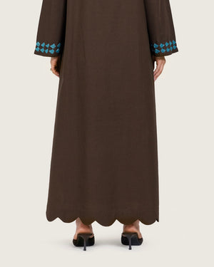 Brown Linen Kaftan with Hand Embellishments and Scalloped Edges
