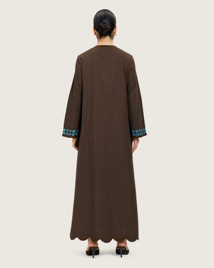 Brown Linen Kaftan with Hand Embellishments and Scalloped Edges