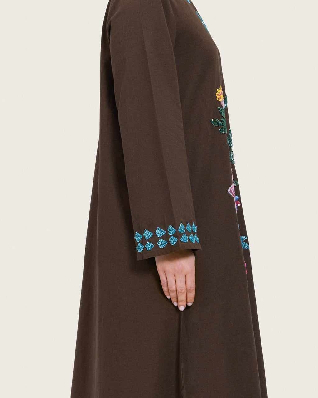 Brown Linen Kaftan with Hand Embellishments and Scalloped Edges
