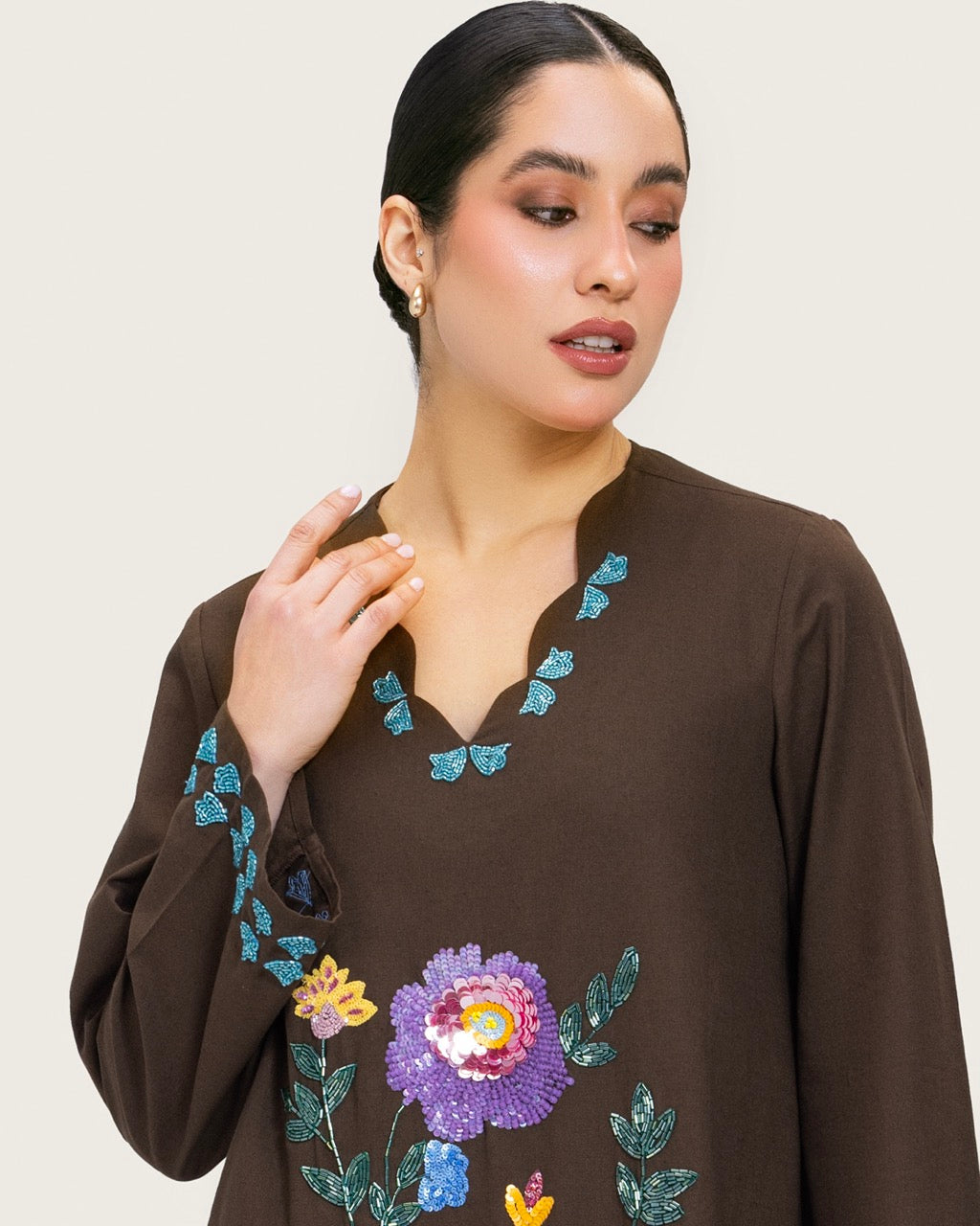 Brown Linen Kaftan with Hand Embellishments and Scalloped Edges