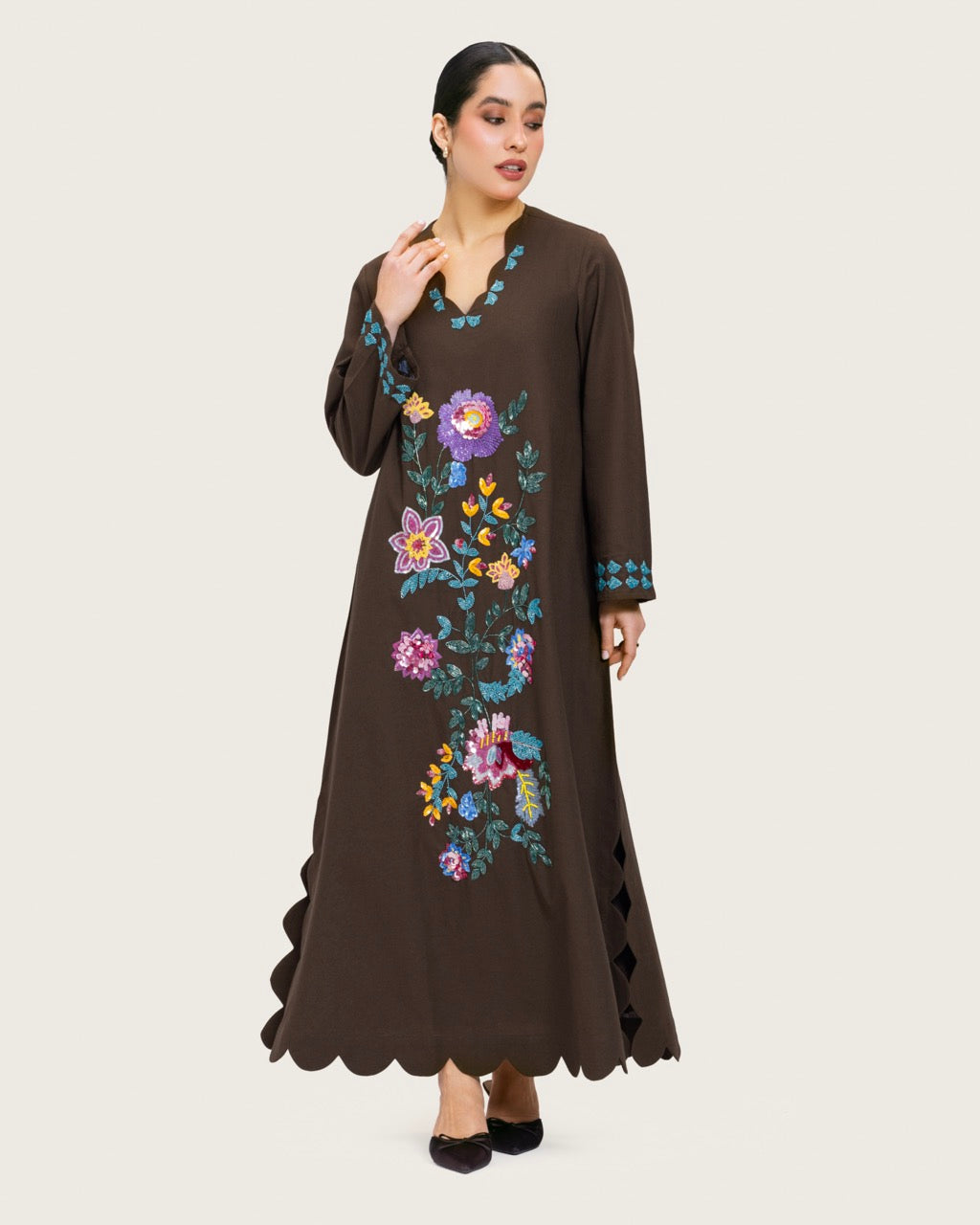 Brown Linen Kaftan with Hand Embellishments and Scalloped Edges