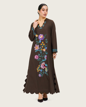 Brown Linen Kaftan with Hand Embellishments and Scalloped Edges