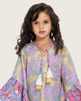 Girls Printed Kaftan with Flowy Silhouette and Sleeves -Pink