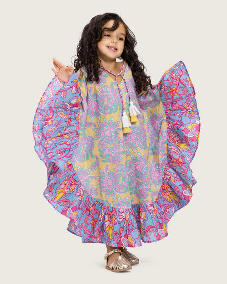 Girls Printed Kaftan with Flowy Silhouette and Sleeves -Pink