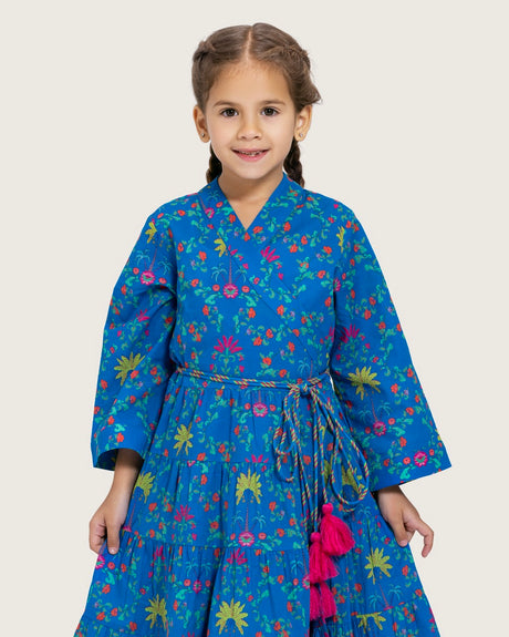 Girls Floral Tiered Wrap Dress in Cotton Fabric - Blue