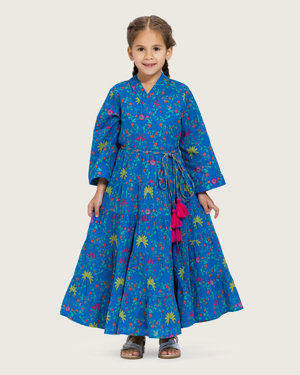 Girls Floral Tiered Wrap Dress in Cotton Fabric - Blue