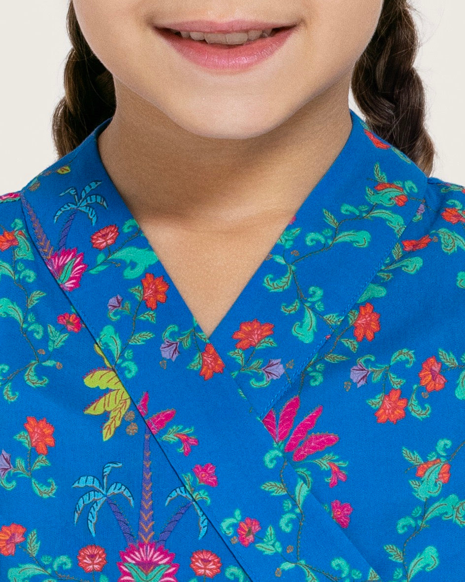 Girls Floral Tiered Wrap Dress in Cotton Fabric - Blue