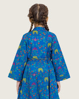 Girls Floral Tiered Wrap Dress in Cotton Fabric - Blue