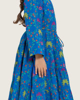 Girls Floral Tiered Wrap Dress in Cotton Fabric - Blue