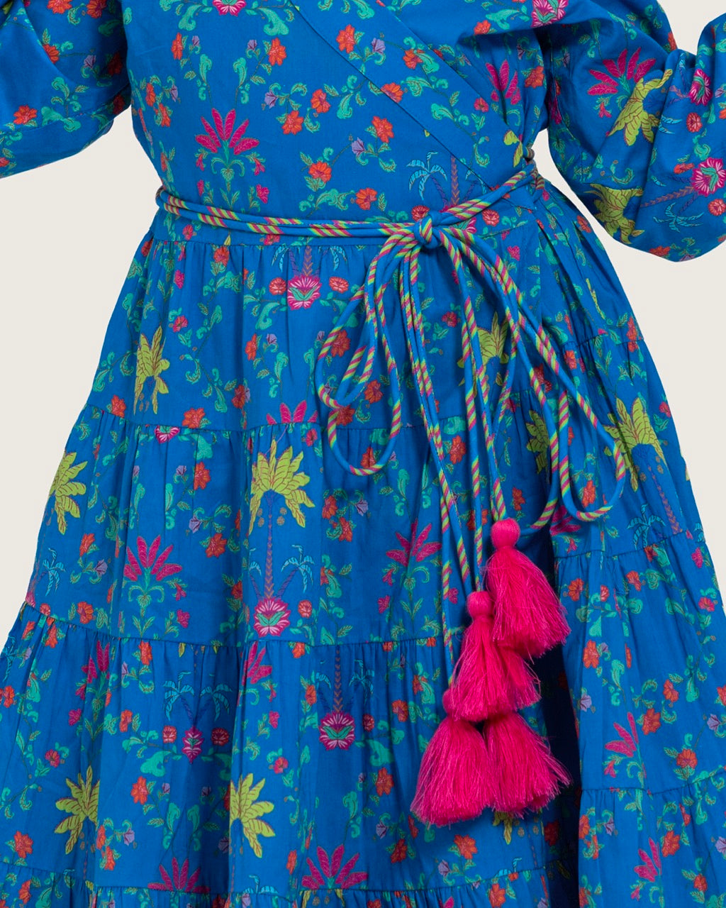 Girls Floral Tiered Wrap Dress in Cotton Fabric - Blue