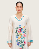 Soft Melon Linen Kaftan with Hand Embellishments and Scalloped Edges