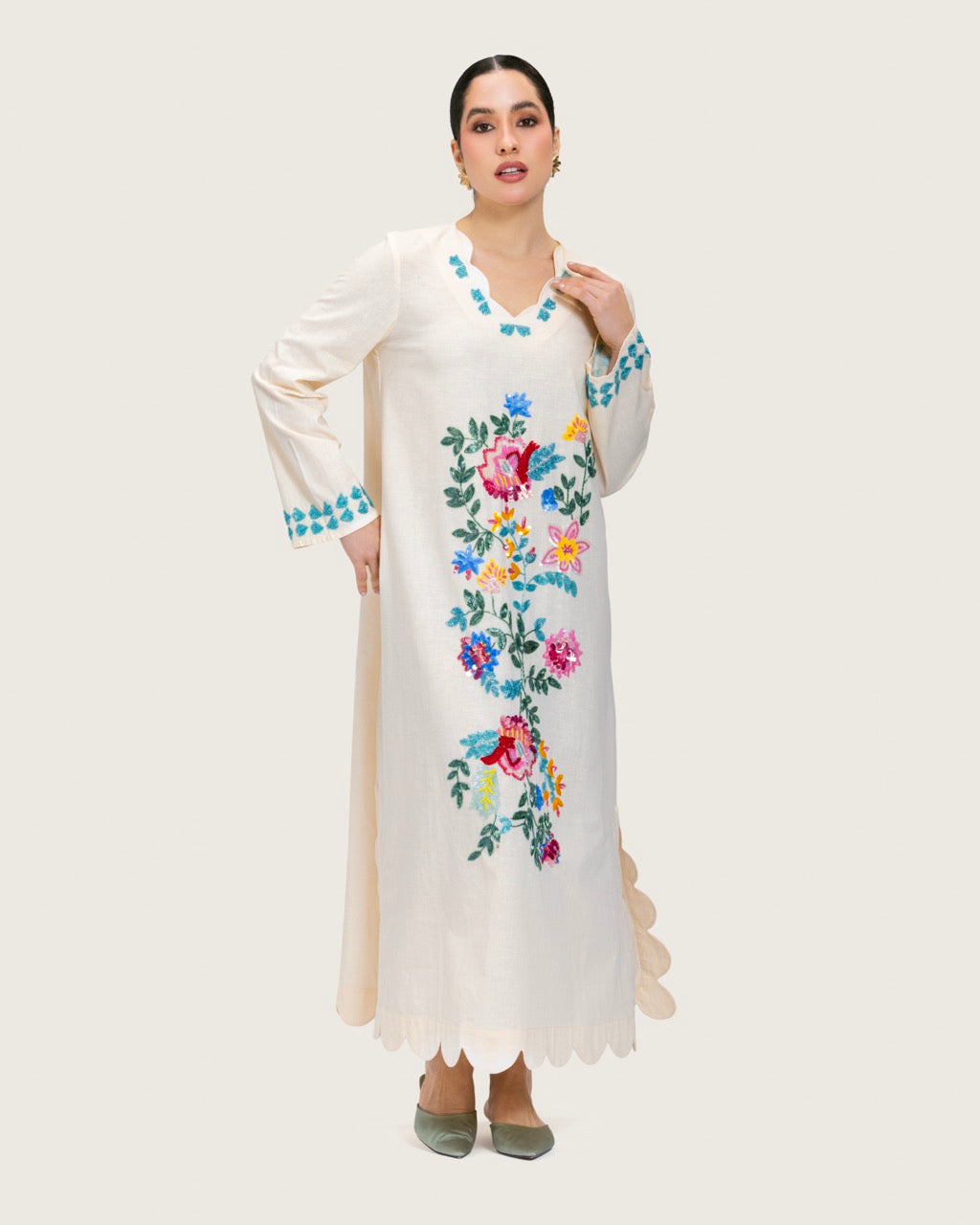 Soft Melon Linen Kaftan with Hand Embellishments and Scalloped Edges