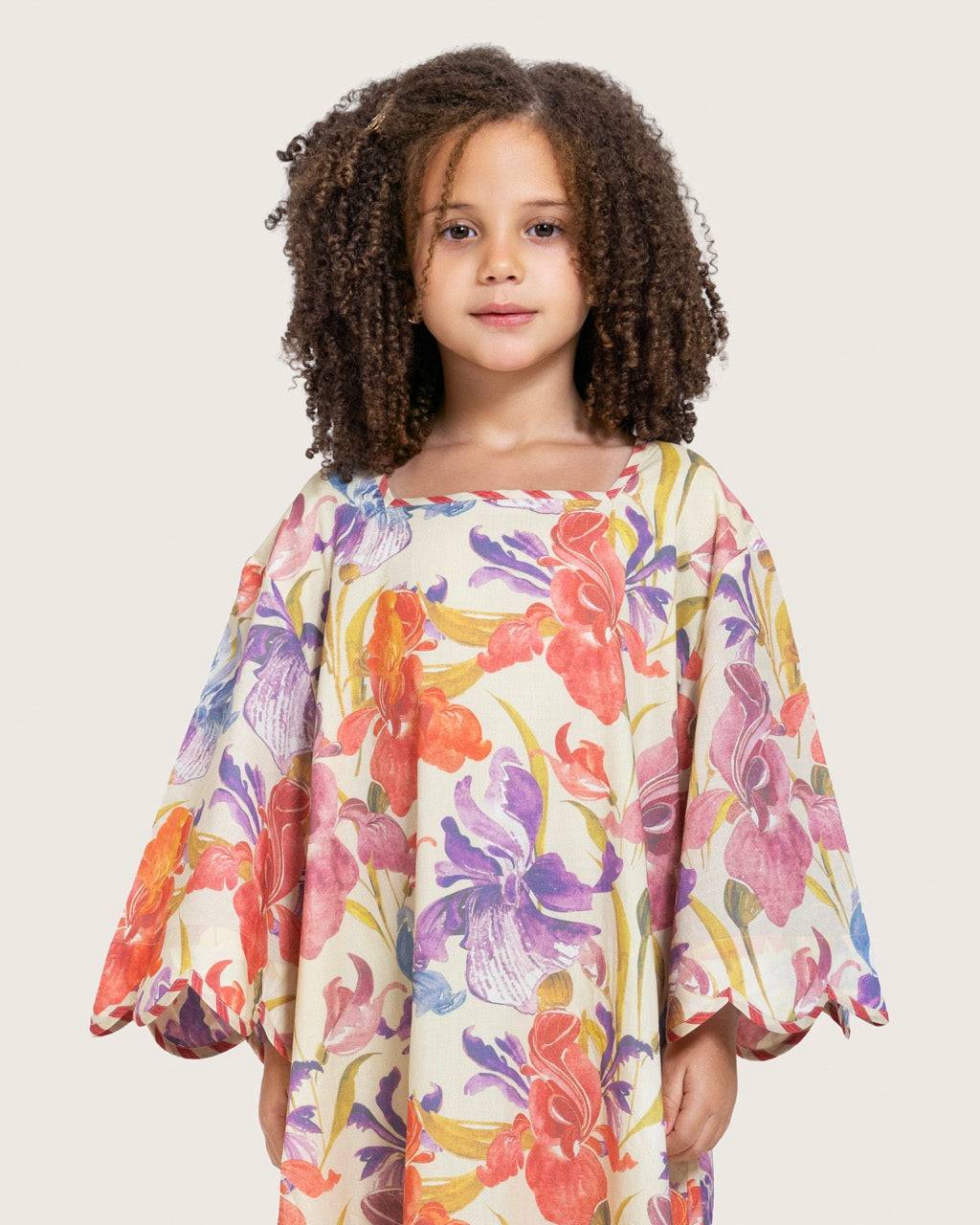 Printed Cotton Kids Dress with Relaxed Fit and Scalloped Edges - Peach
