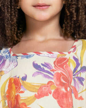 فستان أطفال قطن خربزي مطبوع بقصة واسعة و حواف مموجة