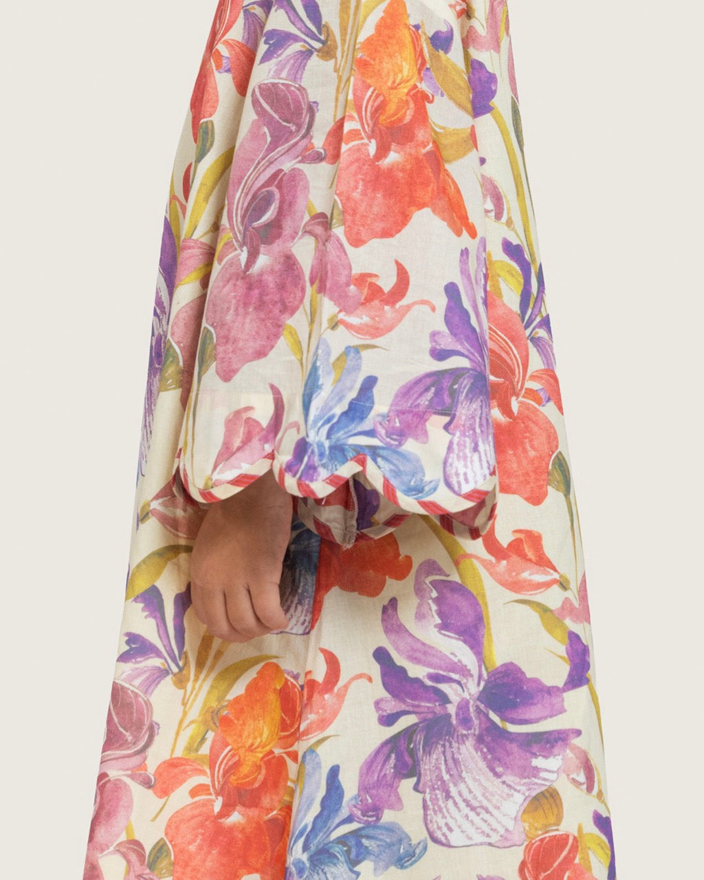 Printed Cotton Kids Dress with Relaxed Fit and Scalloped Edges - Peach