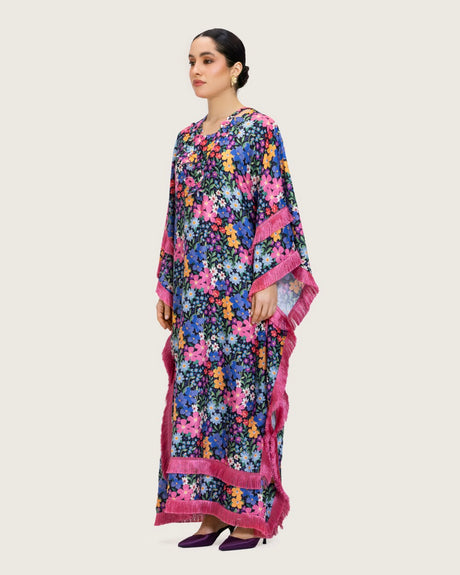 Colorful Satin Printed Dress with Fringes & 3D Floral Details