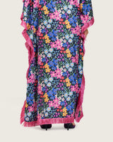 فستان ستان ملون مطبوع بأهداب وتفاصيل ورود ثلاثية الأبعاد