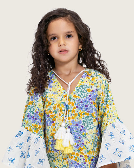 Girls Printed Kaftan with Flowy Silhouette and Sleeves - Pastels
