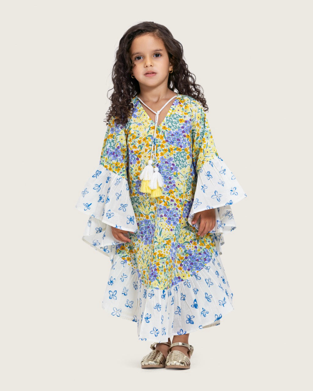 Girls Printed Kaftan with Flowy Silhouette and Sleeves - Pastels