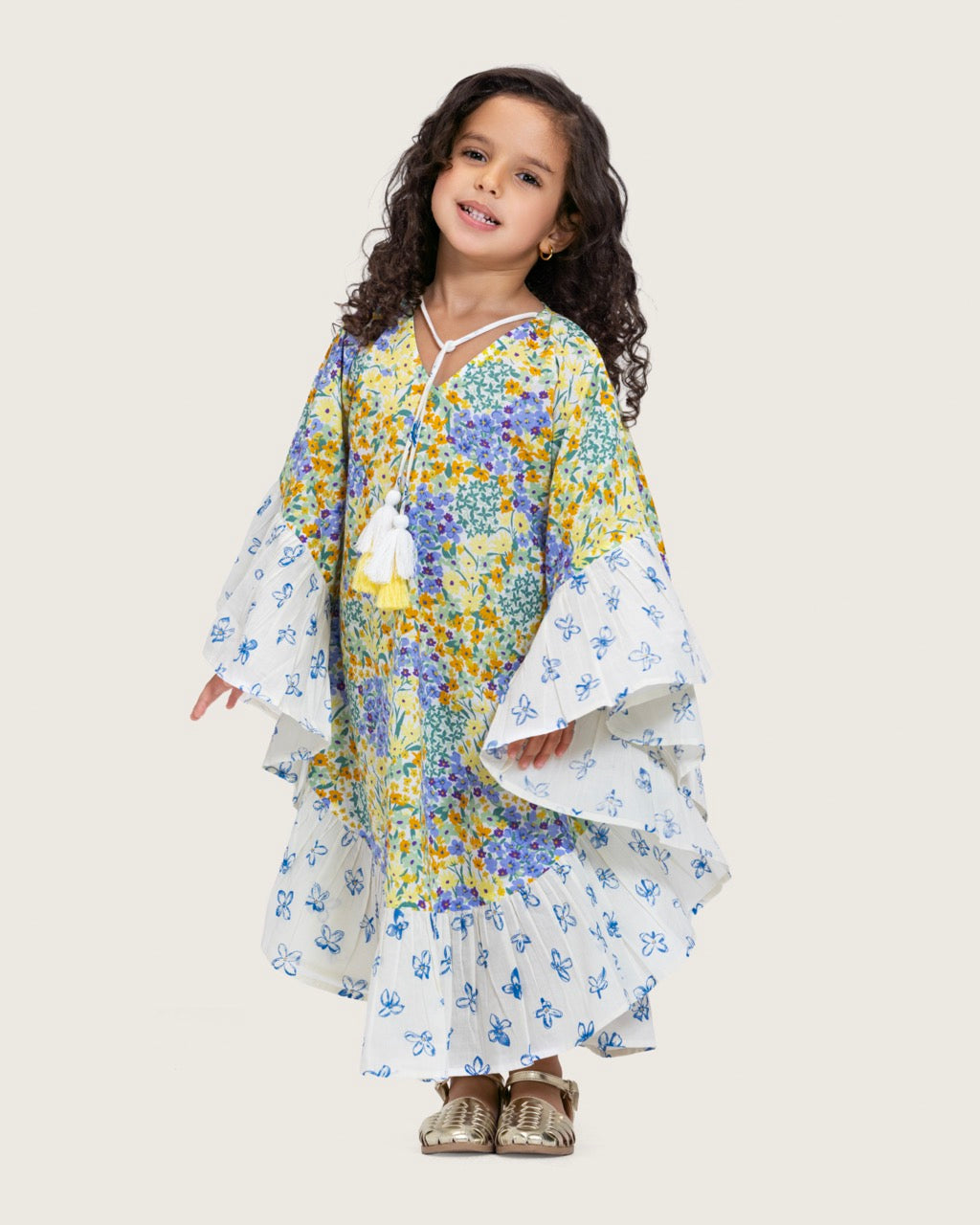 Girls Printed Kaftan with Flowy Silhouette and Sleeves - Pastels