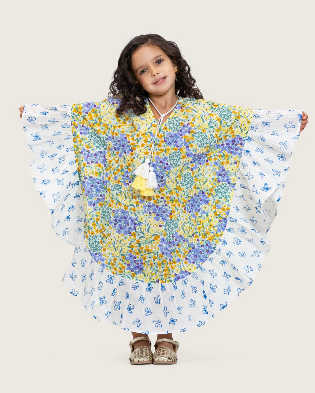Girls Printed Kaftan with Flowy Silhouette and Sleeves - Pastels