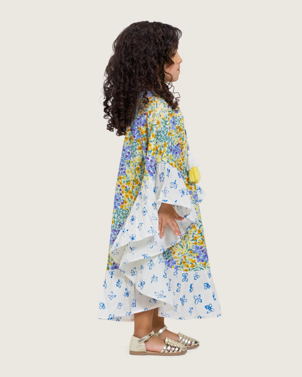 Girls Printed Kaftan with Flowy Silhouette and Sleeves - Pastels