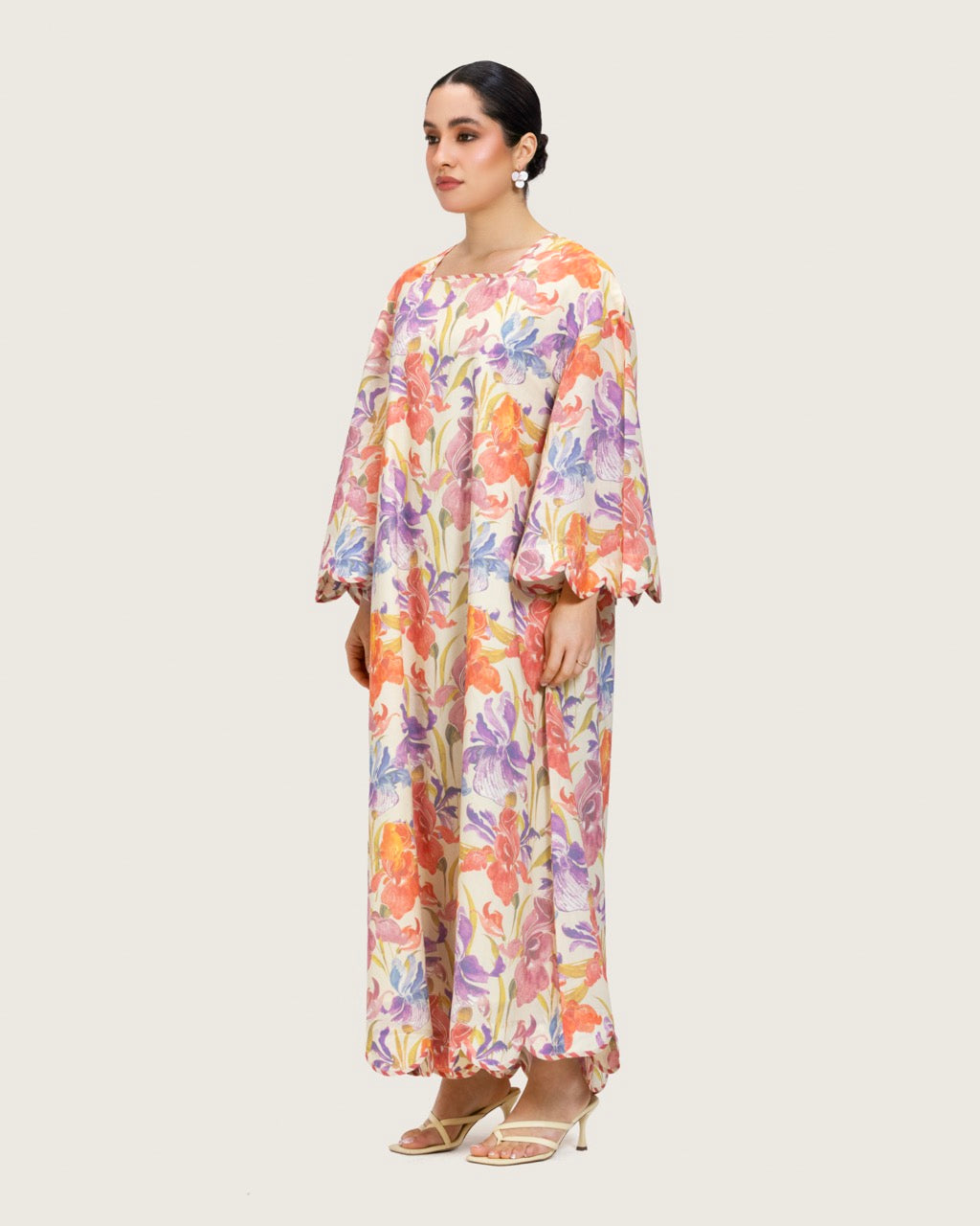 Peach Floral Maxi Dress with Square Neckline
