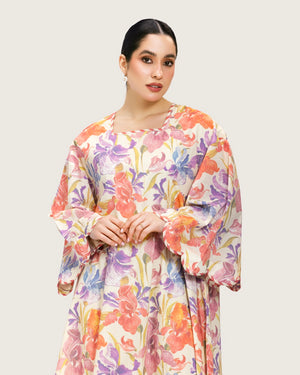 قفطان ماكسي خربزي بطبعة زهور وياقة مربعة