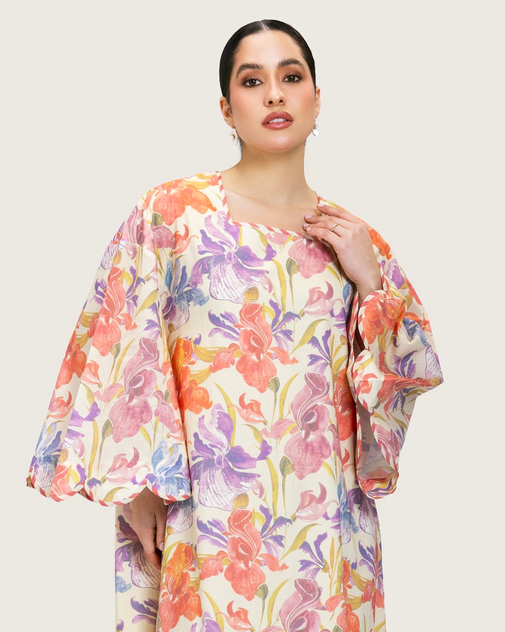 Peach Floral Maxi Dress with Square Neckline