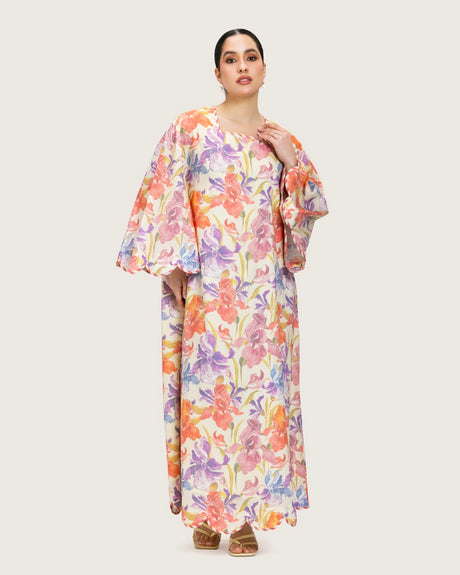 Peach Floral Maxi Dress with Square Neckline