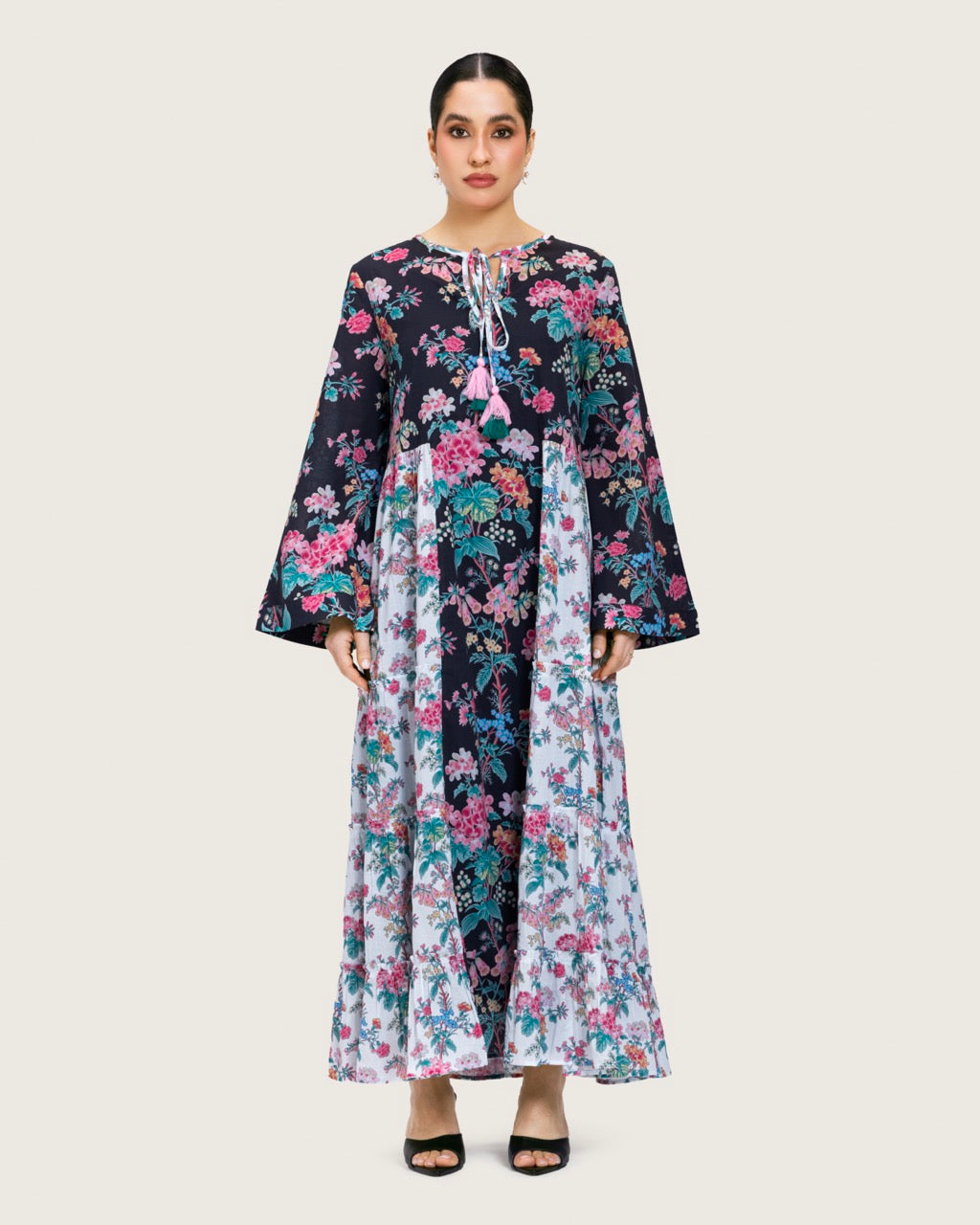 Loose Floral Cotton Dress with Tassels