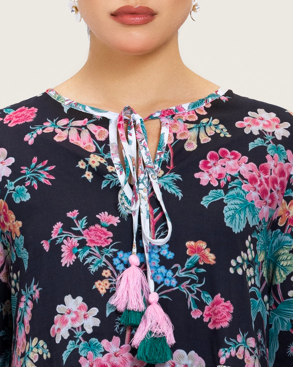 Loose Floral Cotton Dress with Tassels