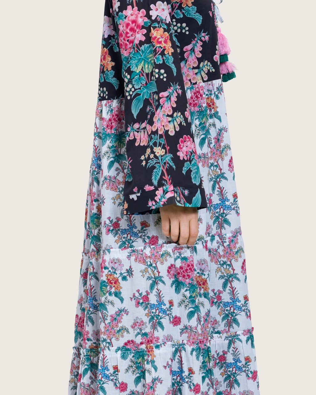 Loose Floral Cotton Dress with Tassels