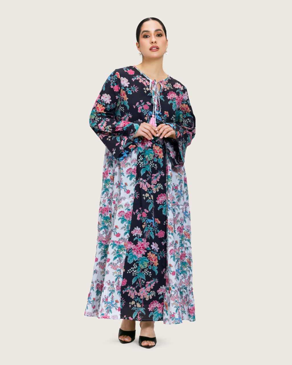 Loose Floral Cotton Dress with Tassels